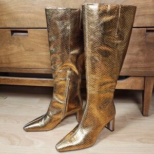 Sam Edelman Sylvia Gold Snake Leather Knee-High Heeled Boots Size 9